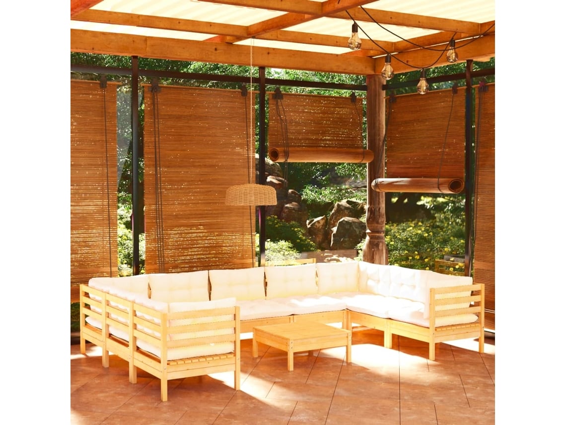 Conjunto 10 Pcs Lounge De Jardim C/ Almofadões Cor Creme Pinho Dkd Home Decor