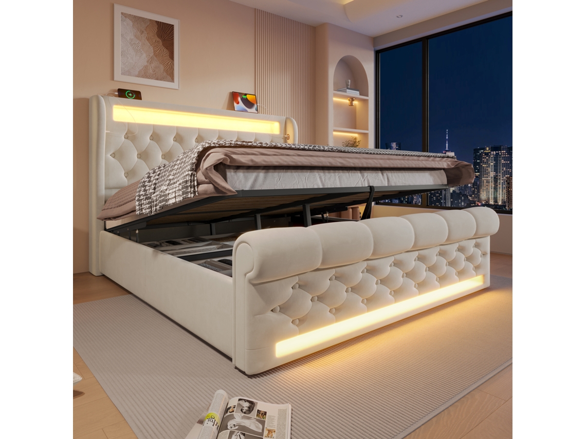 Cama Moderna De 160 X 200 Cm Con Led, Cabecero, Almacenaje Con Usb Y Tipo C, Cama Hidráulica, Beige, Terciopelo (sin Colchón)
