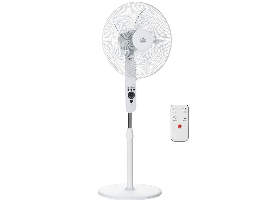 Ventilador de pedestal con mando a distancia, altura regulable, 3 velocidades, Ø44,5 x 110-124 cm, blanco.