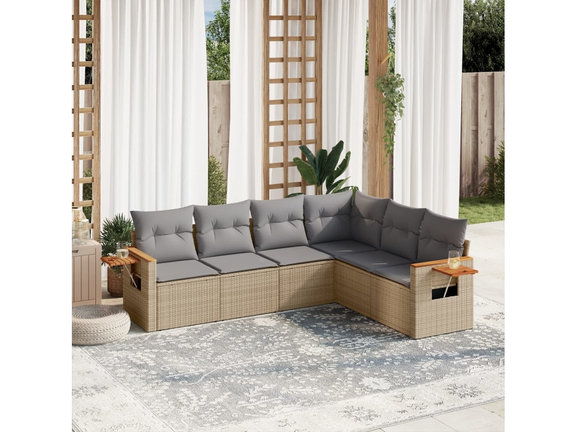 Conjunto de sofá de jardín de 6 piezas con cojines, mimbre sintético beige, Dkd Home Decor
