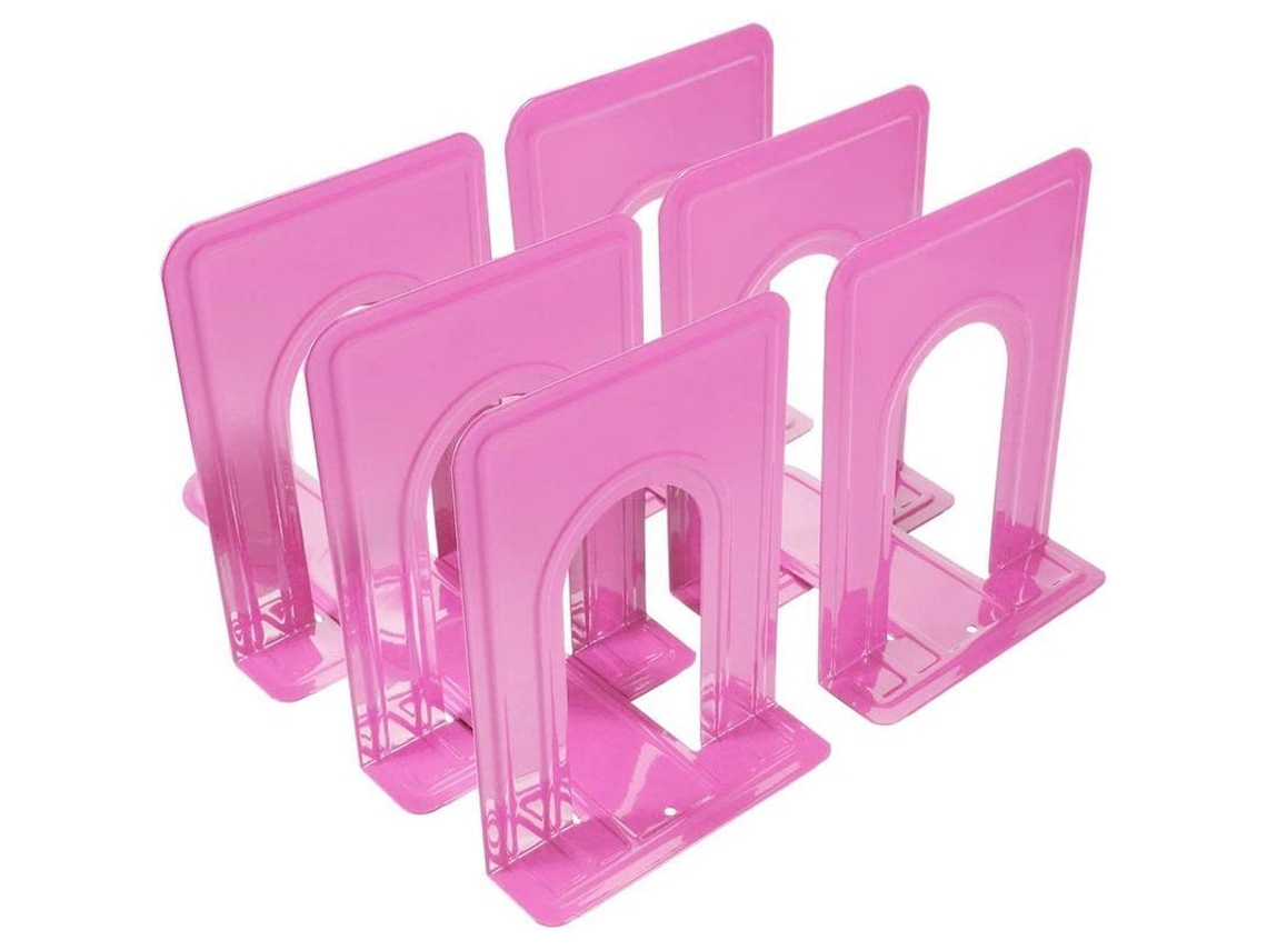 Sujetalibros antideslizantes de metal rosa, 6x5x6 pulgadas, 6 piezas (3 pares) para estantes