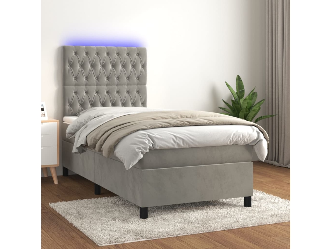 Cama Box Spring Colchón Y Led Terciopelo Gris Claro 100x200 Cm