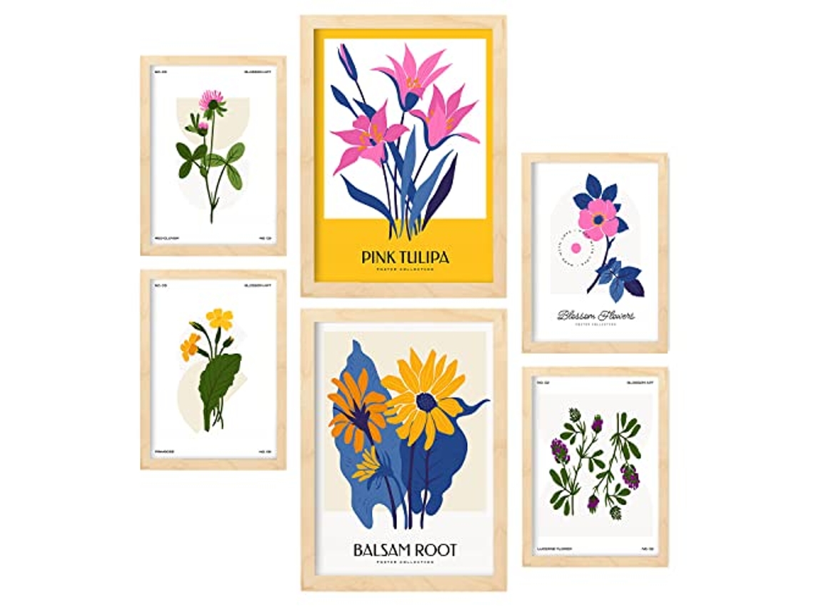 NACNIC Set De 6 Posters Florales Ramos Salvajes Láminas De Naturaleza Y Botánica Para  Tamaños A3 & A4 Marcos Color Madera