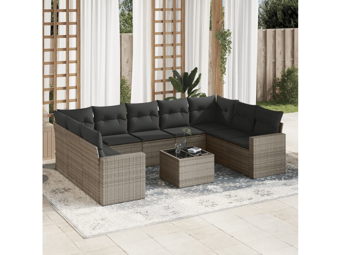 Conjunto de sofá de jardín de 10 piezas con cojines, ratán gris, DKD Home Decor