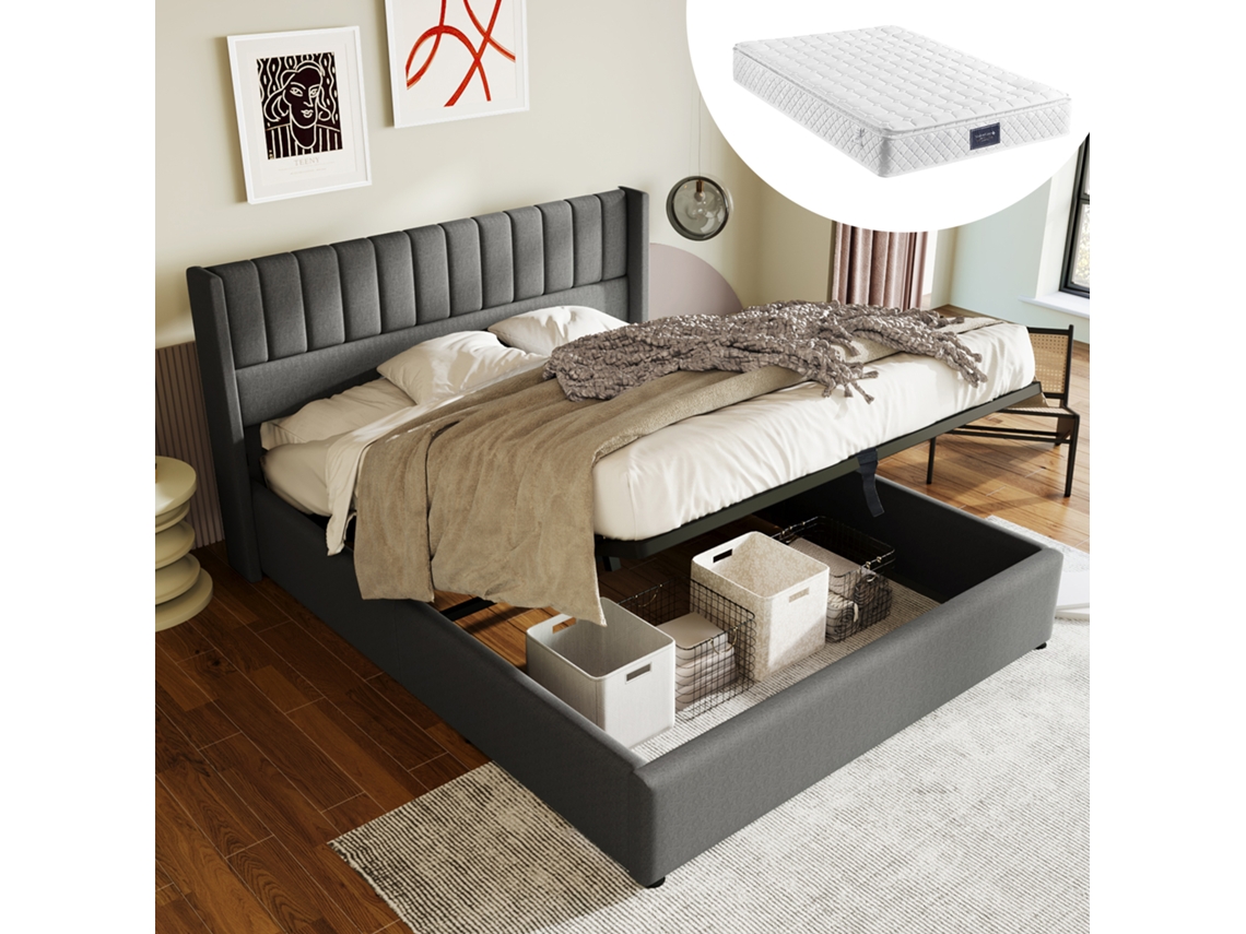 Cama con canapé 160x200cm, estructura de madera, estructura de metal, lino gris, con colchón Mobrio