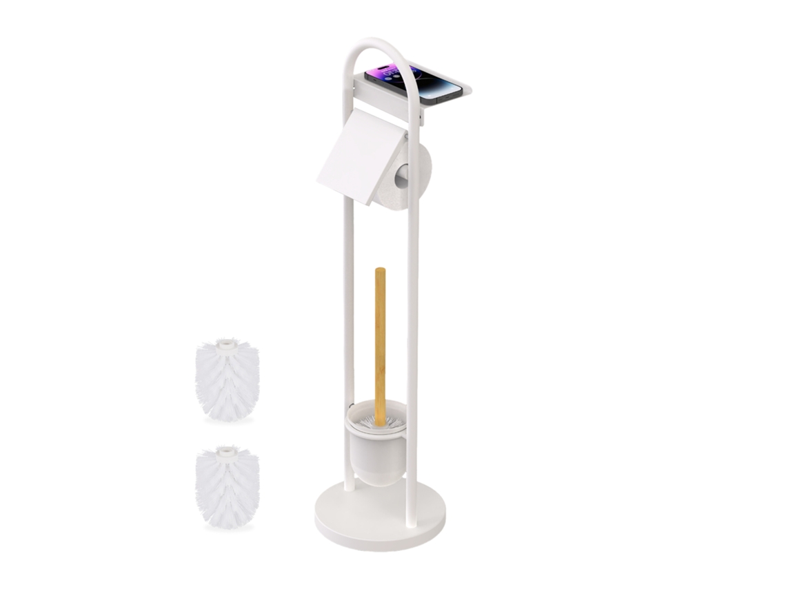 Juego De Baño Relaxdays, 79 X 21,5 X 21,5 Cm, Soporte De Papel Higiénico Con Repisa Y Cepillo, Blanco/natural