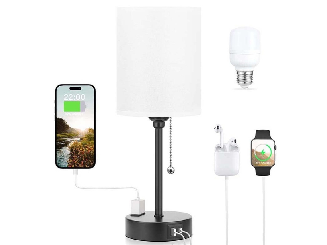 Lámpara de mesilla Sstrwgood con 3 temperaturas de color, toma USB-C y USB-A, base de metal negro.