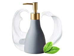 Dispensador De Jabón Recargable Para Baños Y Cocinas En Cerámica Gris Con Detalles Dorados.