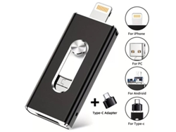 Memoria USB de 128 GB USB 3.0, Lightning/USB-C/USB-A para Android/iPhone/PC, Metalotg Negro Hexinyigjly