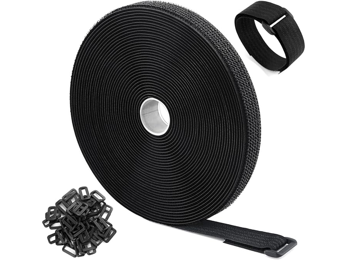Cinta De Velcro Negra, 10 M X 2,5 Cm, Con 50 Hebillas, De Fácil Corte, Reutilizable.