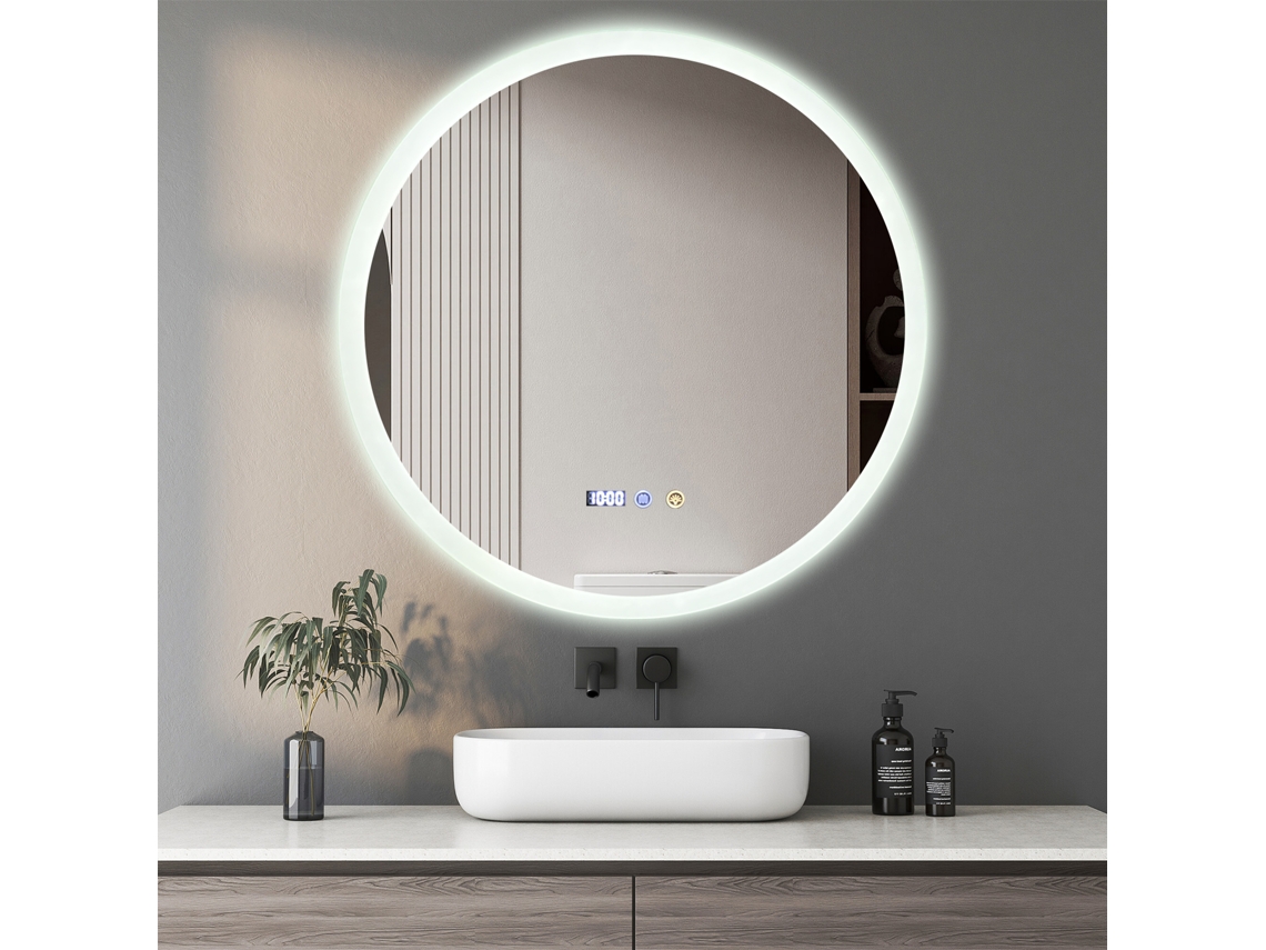 Espejo de Baño Redondo LED 80cm Sin Marco, 3 Temperaturas de Color, Brillo Regulable 0-100%, Vidrio Shatterproof
