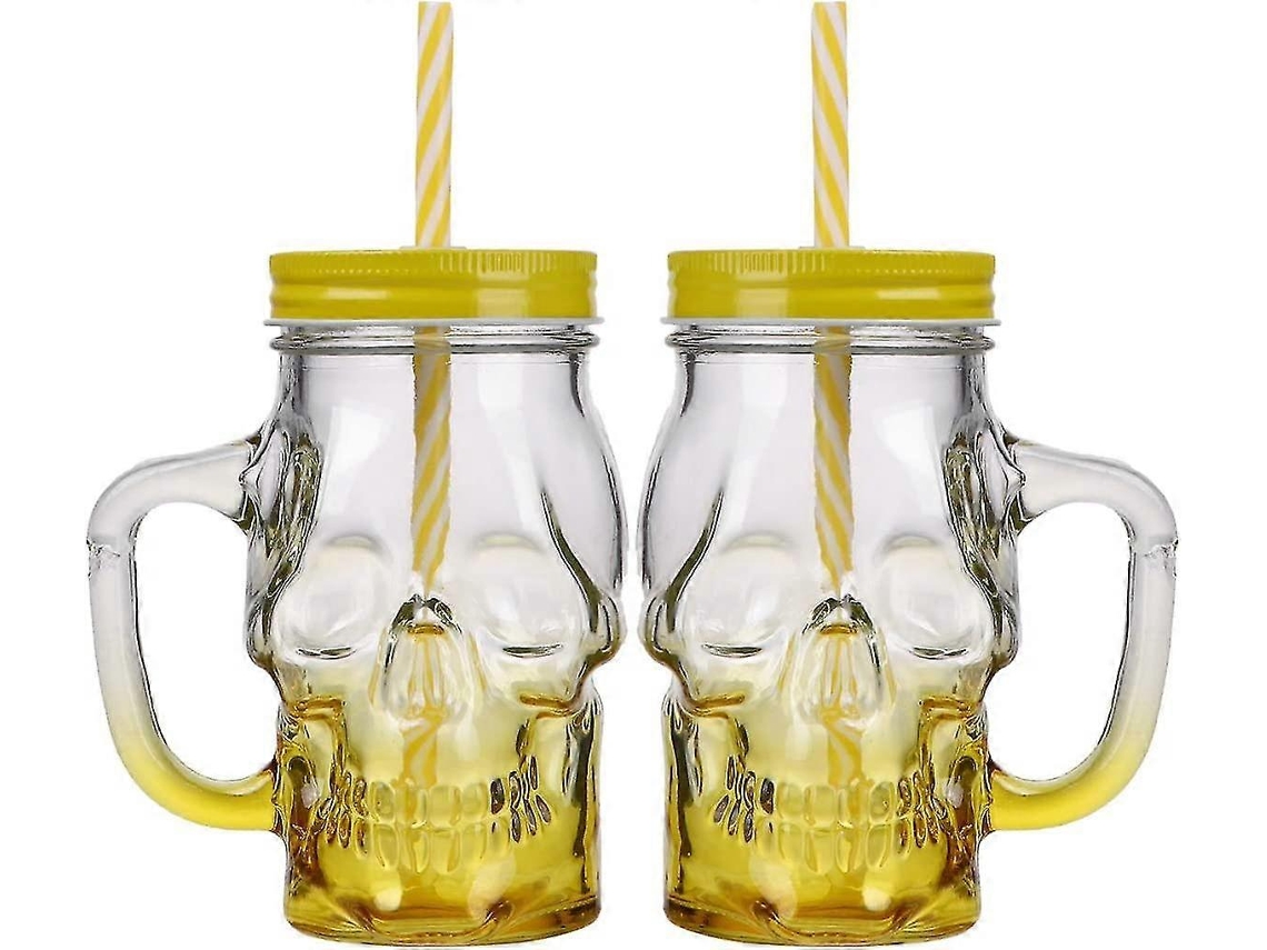 2 tazas de vidrio con pajita y tapa, frasco con tapa transparente, vasos graduados con calaveras