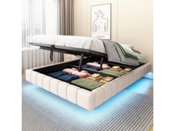 Cama tapizada de 140 x 200 cm, estructura flotante hidráulica, sin cabecero, color beige