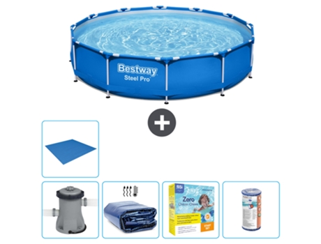 Piscina BESTWAY Round Steel Pro - 366 x 76 cm - Azul - Bomba incluida Vela solar - Paquete de mantenimiento - Filtrar - Suelo