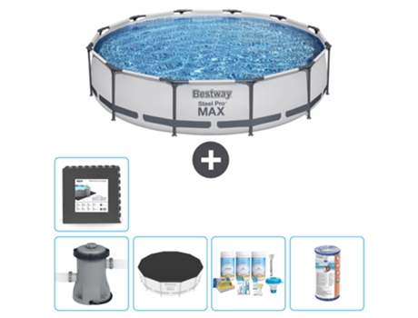 Piscina BESTWAY Round Steel Pro MAX - 366 x 76 cm - Gris - Bomba incluida Cubrir - Paquete de mantenimiento - Filtrar - Baldosas