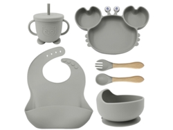 6 Juegos De Cubiertos De Silicona Gris Para Bebé: Platos, Cuencos, Vasos, Delantales Y Cubiertos Con Estampado De Cangrejo.