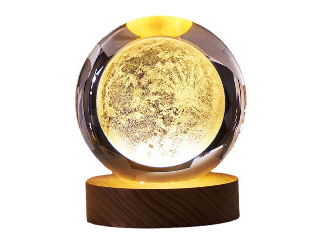 Luz nocturna de bola de cristal con tecnología USB 3D y base de madera para decoración.