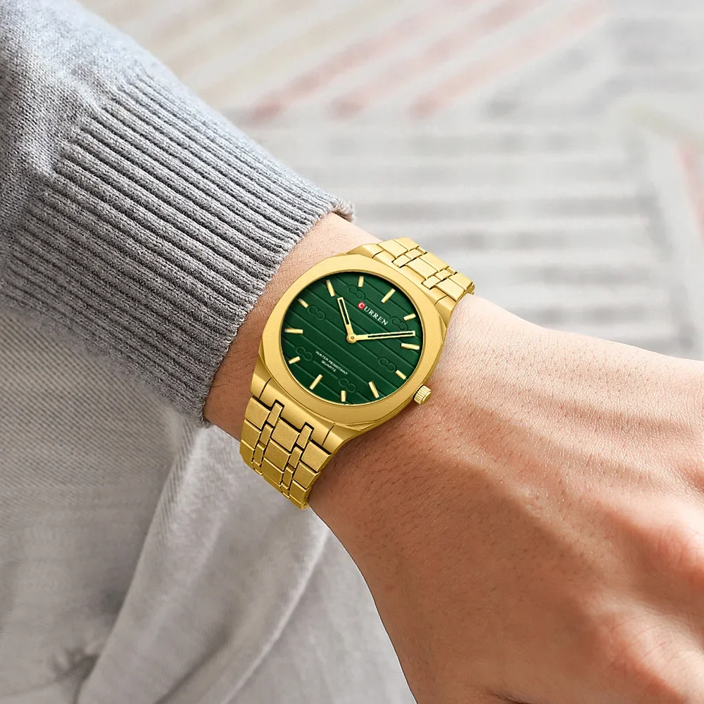 Reloj Deportivo Ultrafino De Malla De Acero Resistente Al Agua Para Hombre (dorado Y Verde)