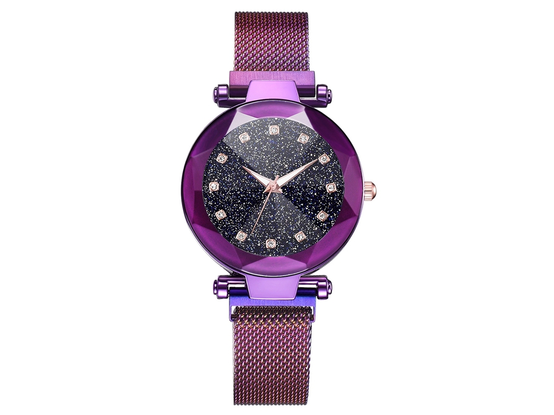 Reloj De Pulsera De Cuarzo Para Mujer Con Correa De Malla Y Botón Magnético (morado)