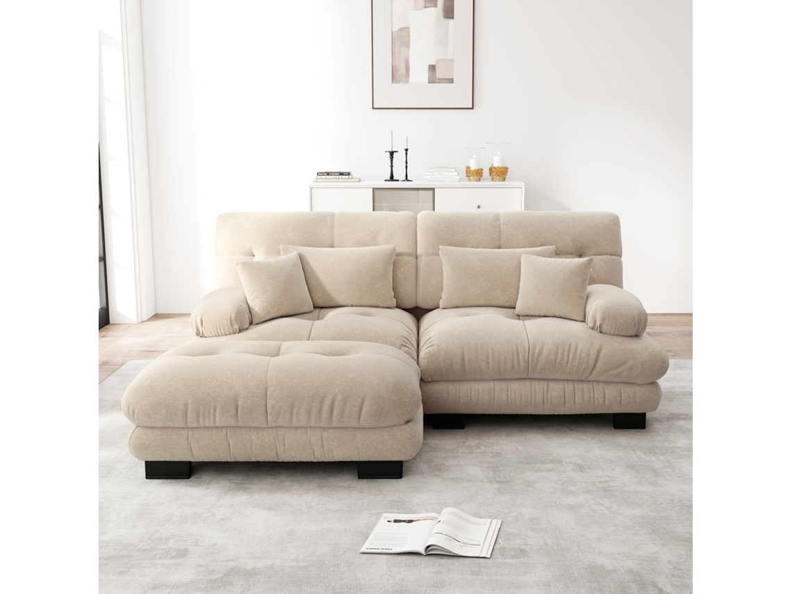 Sofá Modular De 2 Plazas En Color Camello, Tejido Chenilla, 4 Cojines, Brazos Anchos, Puf, Espuma De Alta Resiliencia, Confort Nube.
