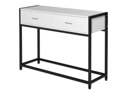 Mesa consola, estructura metálica, diseño que ahorra espacio, blanco y negro.