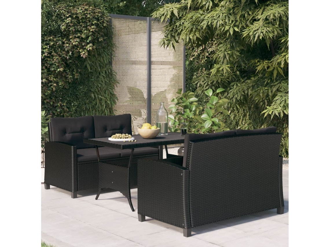 Juego de comedor de jardín de 3 piezas con cojines de mimbre negros de DKD Home Decor