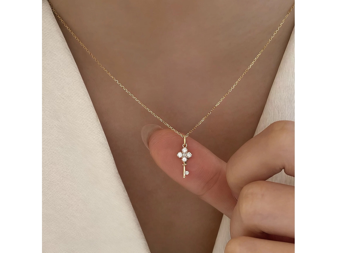 (oro) Desbloquea El Deseo De Tu Corazón~ Collar De Circonita Con Mini Llave De Plata S925, Trébol De Cuatro Hojas De Lujo