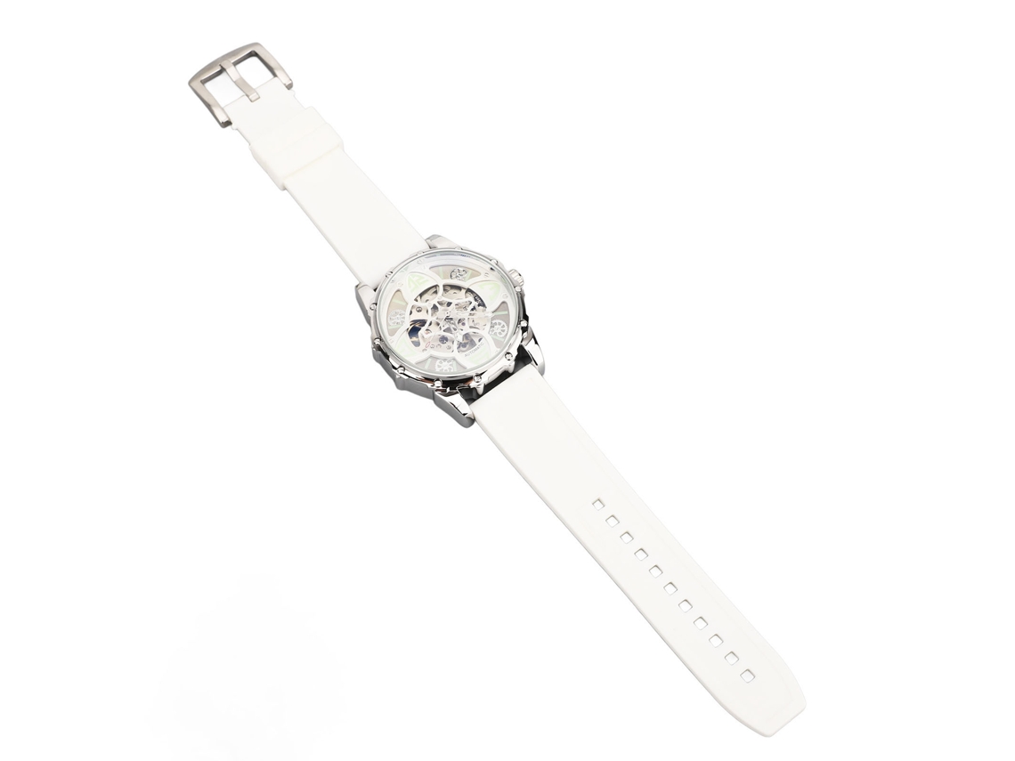 Reloj Mecánico Automático Esqueletizado Con Correa Doble De Silicona, Resistente Al Agua Hasta 30 M, Blanco Y Plateado.