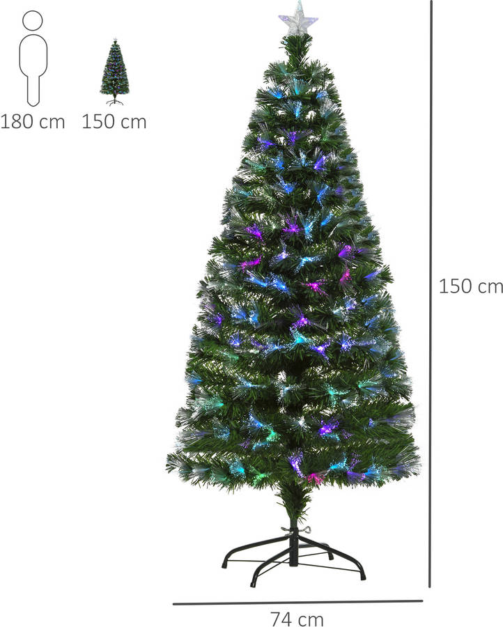 Homcom 150cm Artificial con 180 luces led 7 colores y estrella decorativa brillante soport navideño 830019 hierro 74x150cm