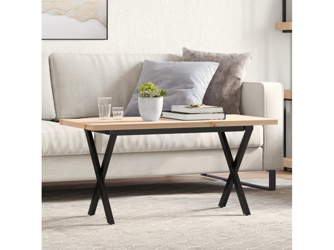 Mesa de centro HARLANV1 con estructura en forma de X, 90x40x45,5 cm, fabricada en pino y acero.