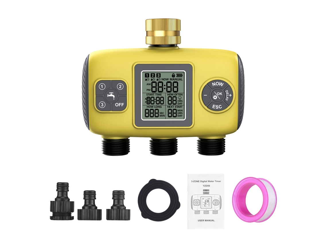 Temporizador Programable De Riego Para Jardín Con 3 Salidas, Control Automático, Retardo Por Lluvia, Ipx5, Amarillo.