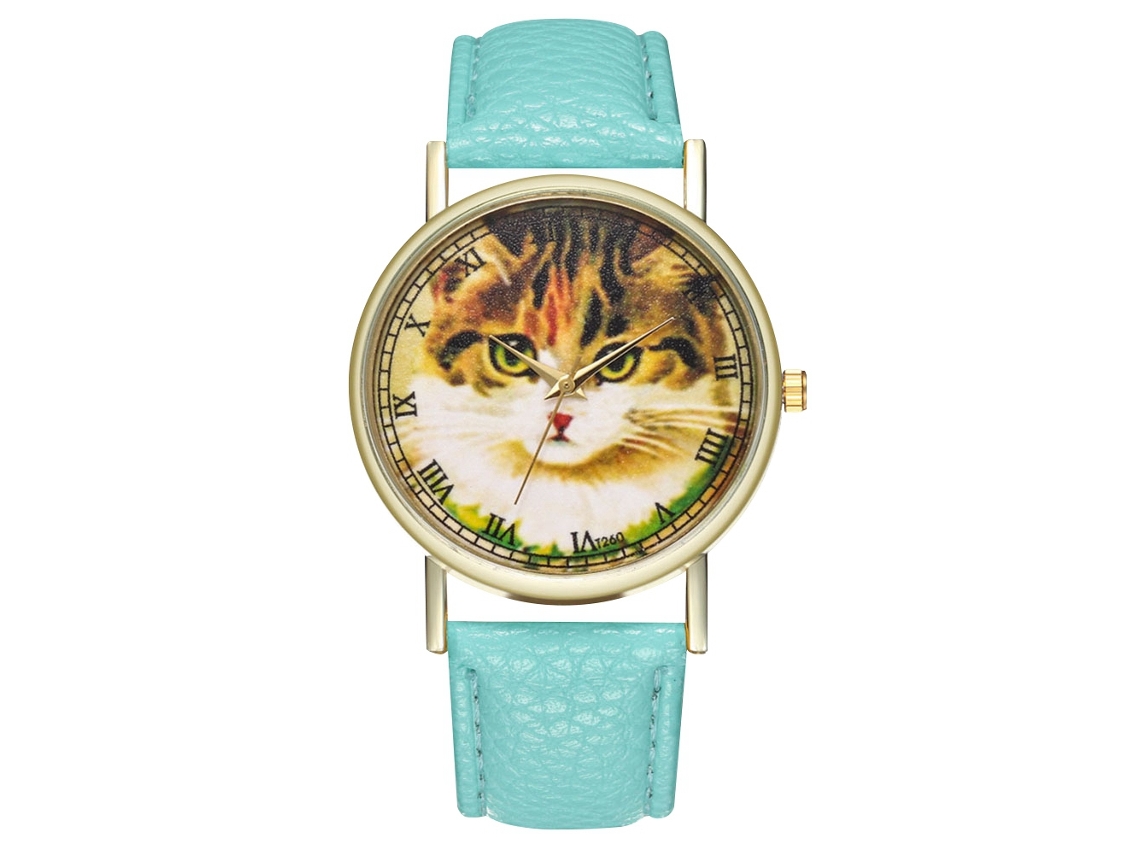 Reloj De Cuero Pu Unisex Con Dial Redondo Patrón De Gato Reloj De Cuarzo (verde Menta)
