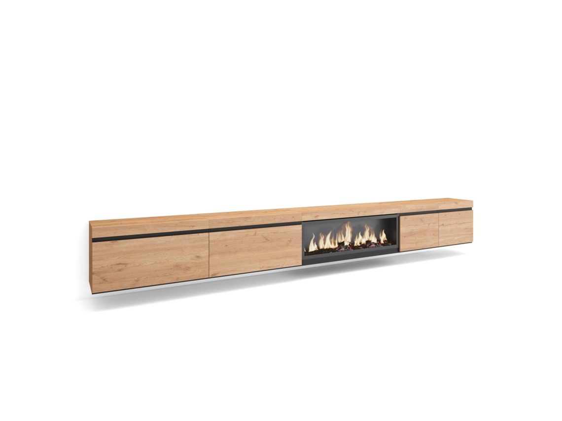 Mueble TV, Televisión, 368x35x45, Chimenea eléctrica XXL, Colgado, Suspendido, Roble SKRAUT HOME