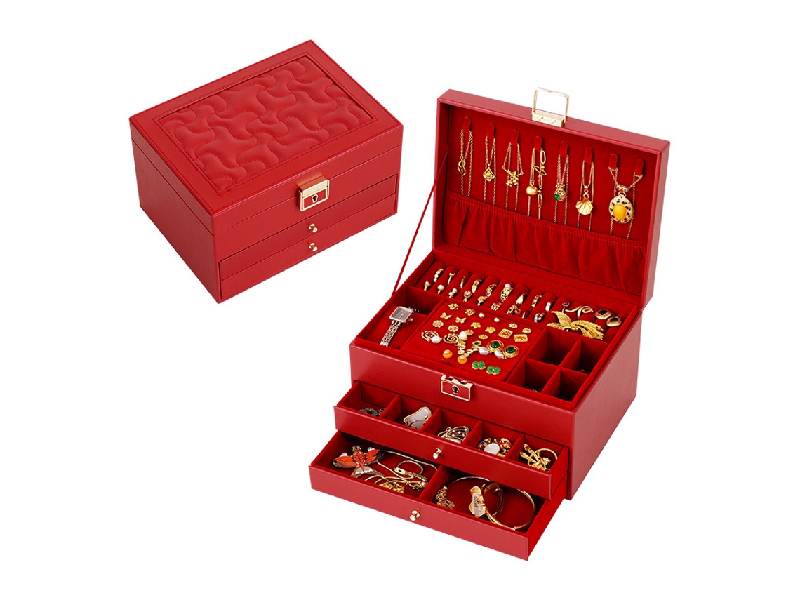 Joyero De Piel Sintética Para El Hogar, Diseño De 3 Niveles Para Collar, Anillo, Pendientes Y Pulsera (Rojo) GERTIZ