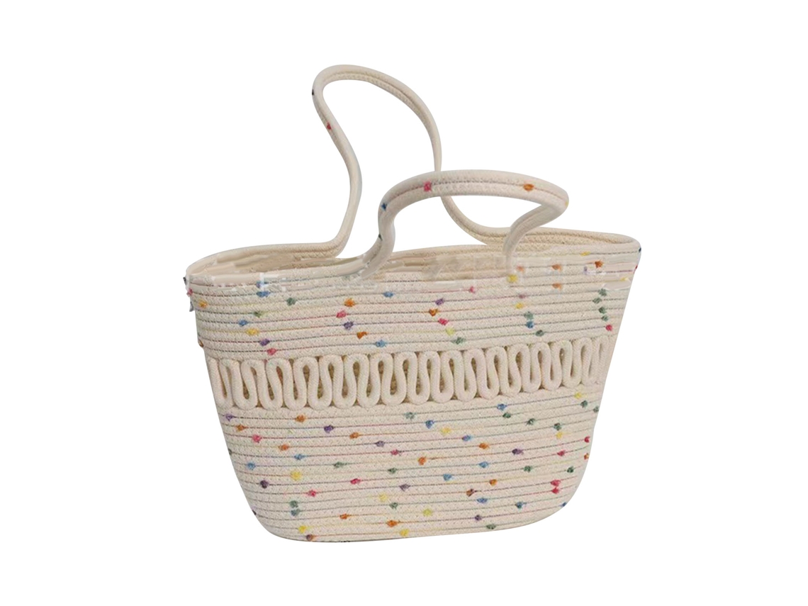 Bolso De Paja De Papiro Tejido Con Diseño Calado, Gran Capacidad, Ideal Para Viajes Y Vacaciones, Con Coloridos Lunares Blancos.