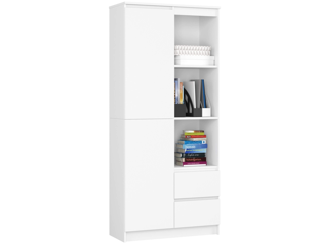 Librería Akord R11 Blanco 80 Cm 2 Puertas 2 Cajones Frente En Color Blanco 7 Estantes 80x35x180 Cm