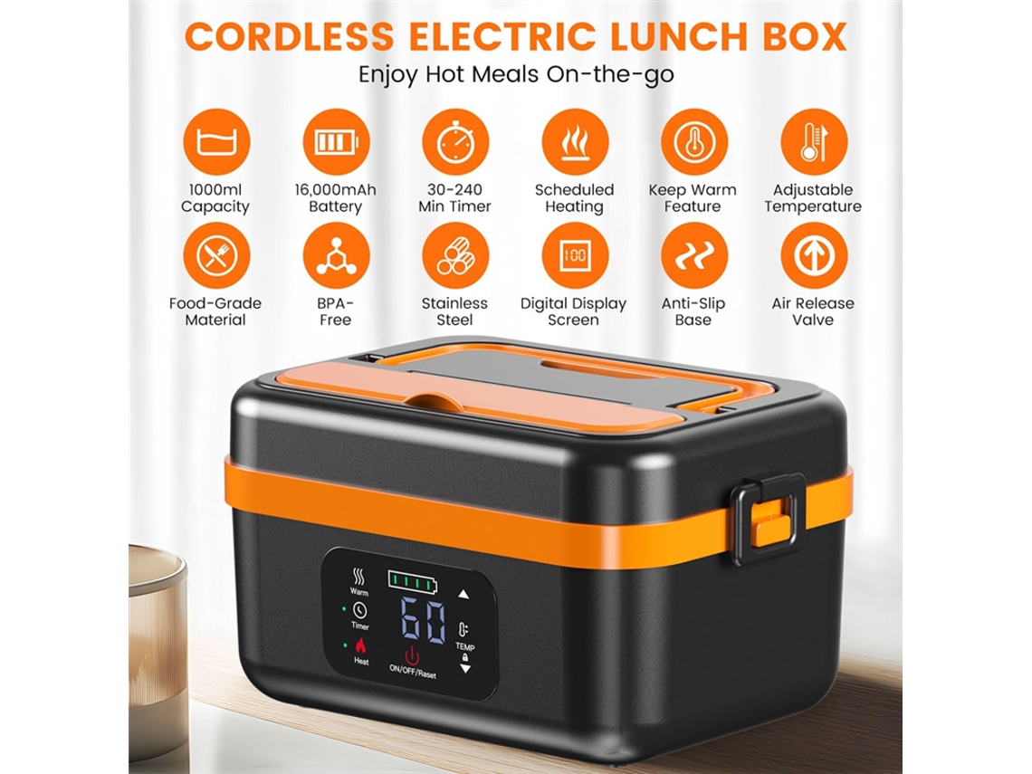 Fiambrera eléctrica inalámbrica A76g, recargable, autocalentable, 16 000 mAh, para el trabajo, viajes, coche u oficina, color negro y naranja. Viewleaf