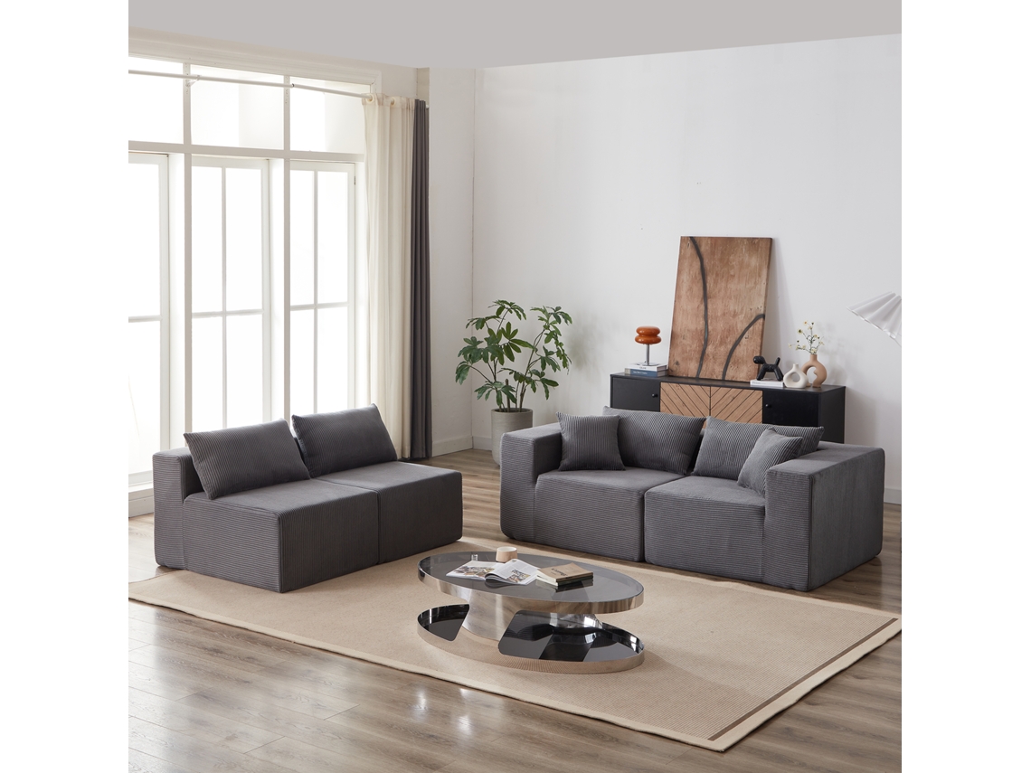 Sofá Modular En L De Pana Con Portavasos Y Chaise Longue Para Interiores