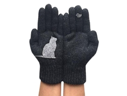 Guantes de invierno con estampado de gato y pájaro, guantes cálidos de algodón/poliéster para parejas negras.