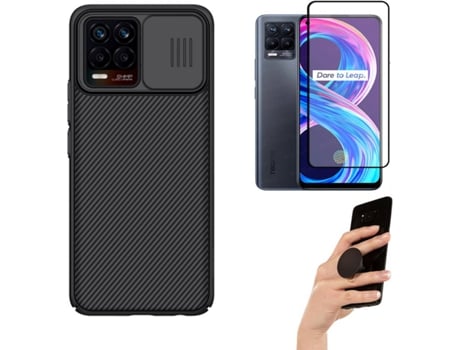 Kit Protector Realme 8 Pro 4G Funda Nillkin Camshield y Popsocket Negro