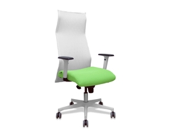 Sillón Albacete con mecanismo Synchro, tapizado en tela color pistacho y malla blanca.