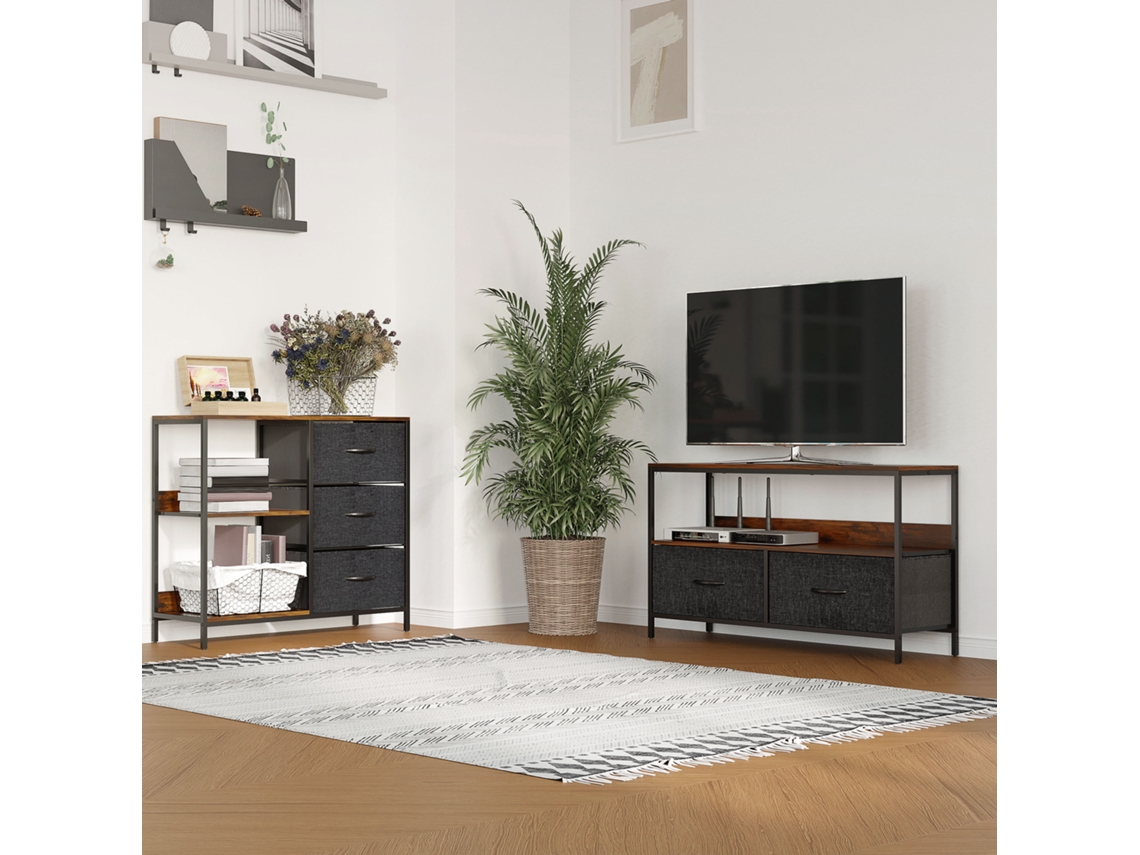 VPMKP - Cómoda estrecha de tela Homcom, 3 cajones plegables, 2 estantes abiertos, encimera espaciosa, marrón rústico y gris oscuro.