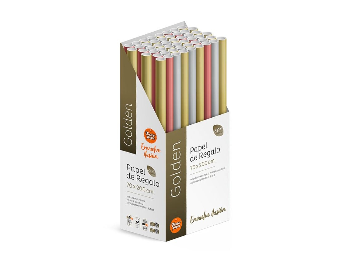 Pack 50 Rollos Papel Regalo Golden Reforzado 2m X 70cm Brillo Premium, Caja Expositora, Acabado Metalizado, Extra Resistente, Listo Para Tienda, Regalos Eventos Tiendas - Fp Fiesta Paper