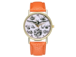 Reloj Unisex De Cuarzo Con Correa De Cuero Pu Moda Patrón Murciélago Dial Números Romanos Naranja