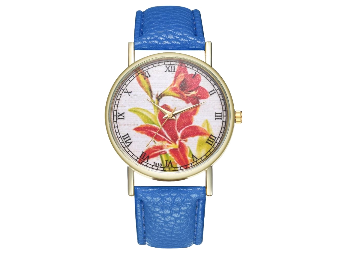 Reloj De Pulsera De Moda Para Mujer Con Correa De Pu Y Estampado Floral Azul Marino.