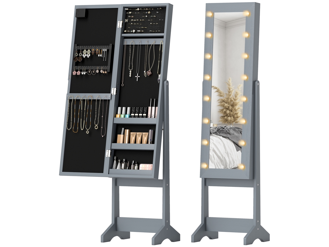 Espejo joyero con luz LED, mueble independiente, cuerpo completo ajustable, gris.