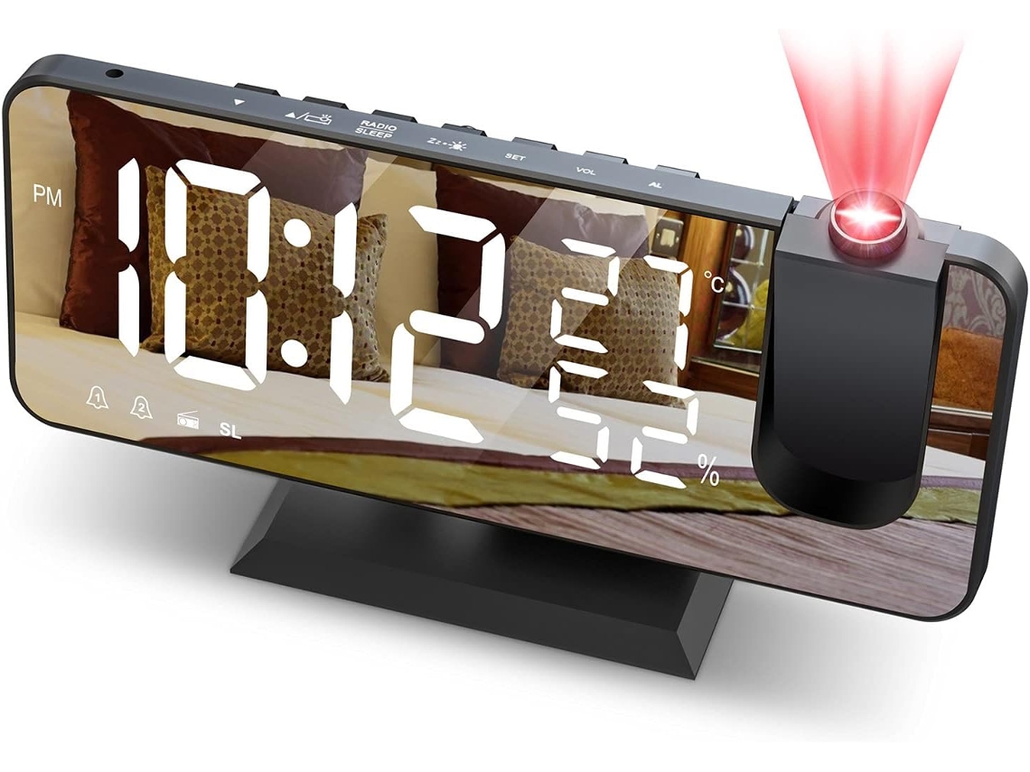 Proyector Reloj Despertador Techo Radio FM Reloj Despertador Proyección Reloj Digital de 180 ° con Pantalla de Espejo LED de 7 'Puerto de Carga USB Función de repetición Ala Doble CUICH
