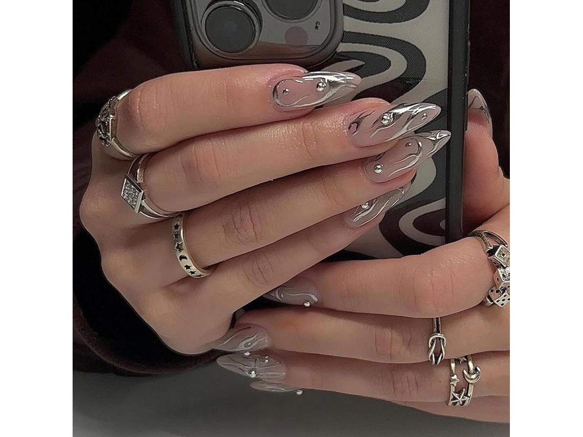 Uñas Postizas Acrílicas Medianas Color Almendra Con Remolino Cromado Y Perla Plateada (24 Unidades)
