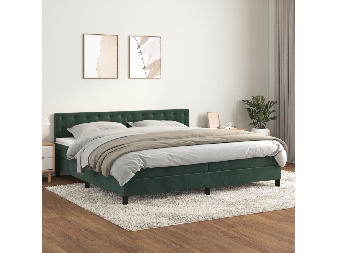 Cama Box Spring Con Colchón Terciopelo Verde Oscuro 200x200 Cm