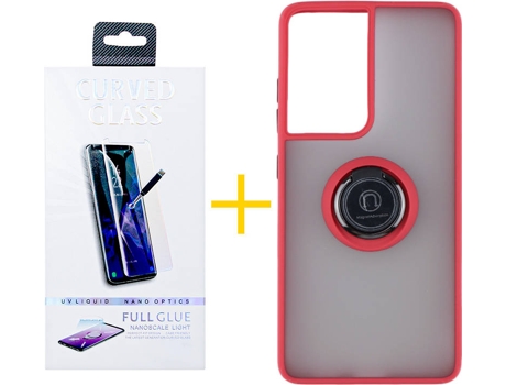 Carcasa y Protector de Pantalla de Vidrio Samsung S21 Ultra SKYHE Gel Bumper Ring Rojo
